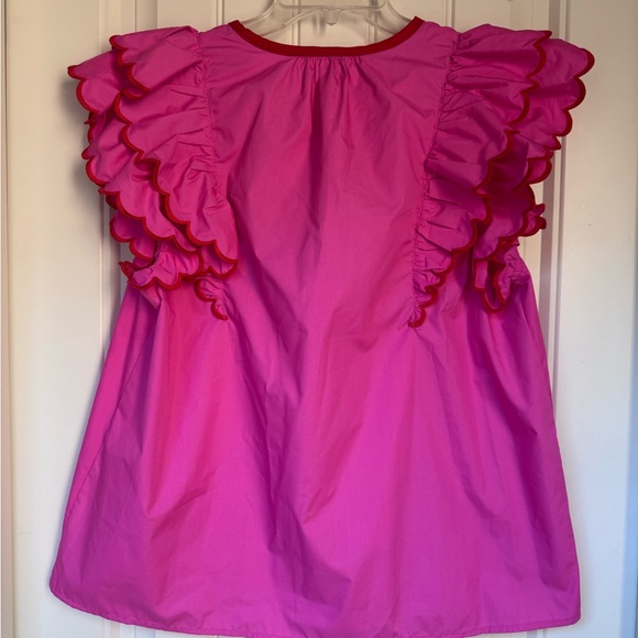 Entro Pink/Red Cotton Scallop Ruffle Sleeve Top - Women’s Size L - Picture 9 of 11